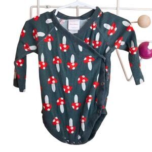 Hanna Andersson green and red mushroom kimono closure long sleeved onesie